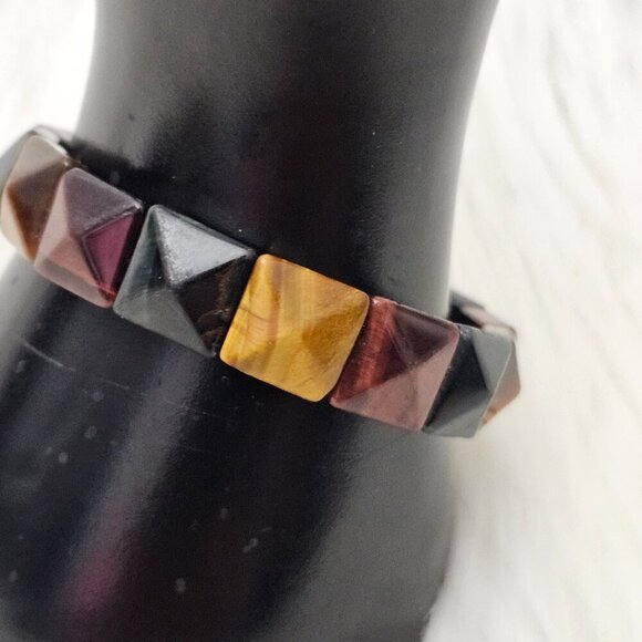 Tigers Eye Natural Stone Faceted New Multi Color Stretch Bracelet - Picture 3 of 5